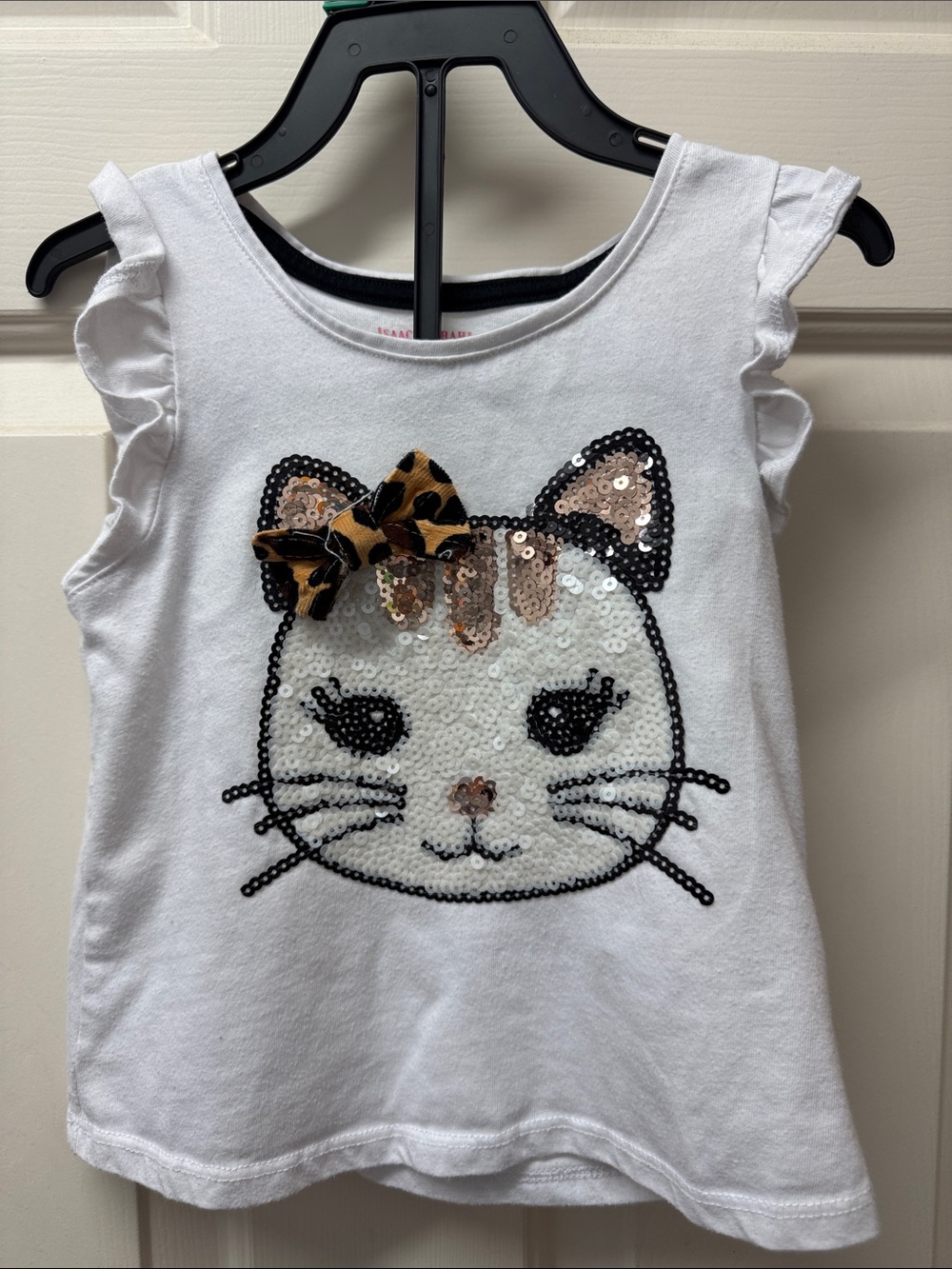 Girls White Sequin Cat Tank with Leopard Bow